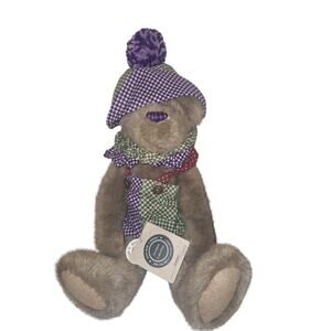 Vintage Boyds 90s Collectible Roberto Bear‎ Plaid Purple Green Overalls Hat Gift